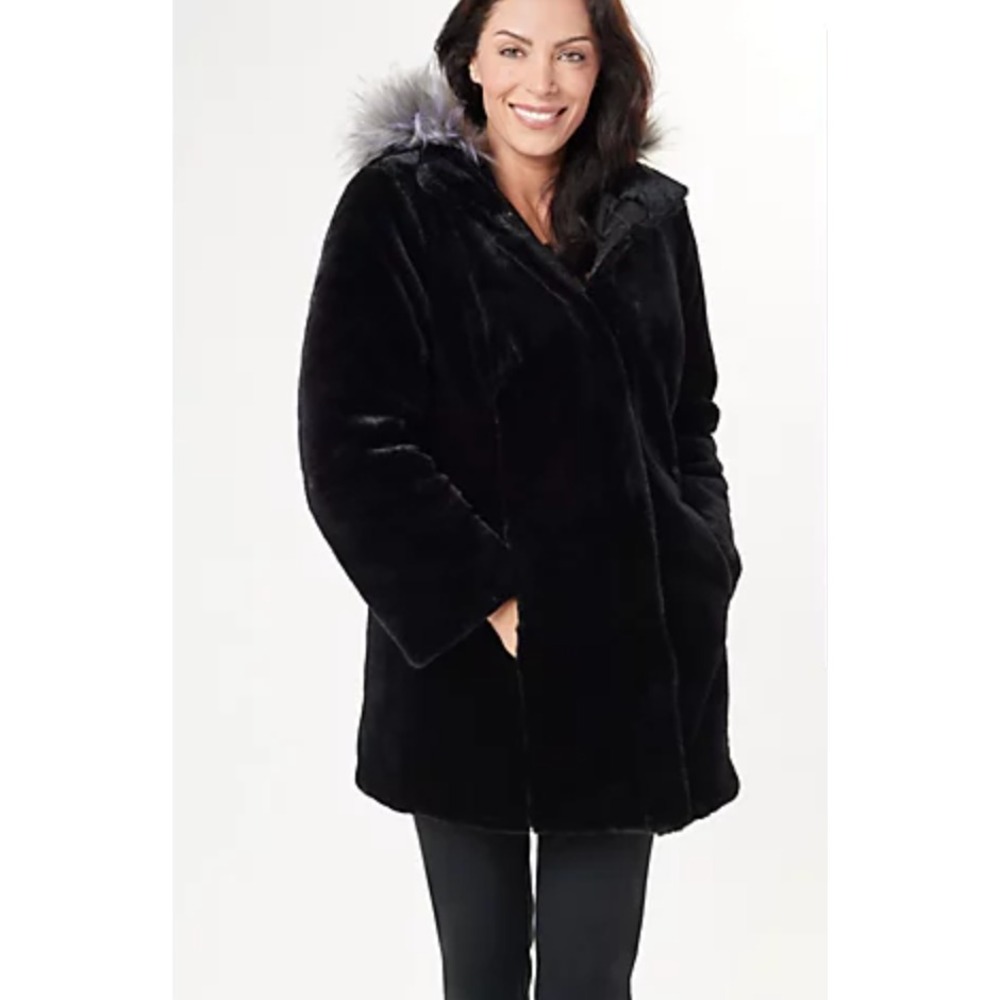 Dennis basso dark black soft plush faux fur hooded coat parka jacket Medium